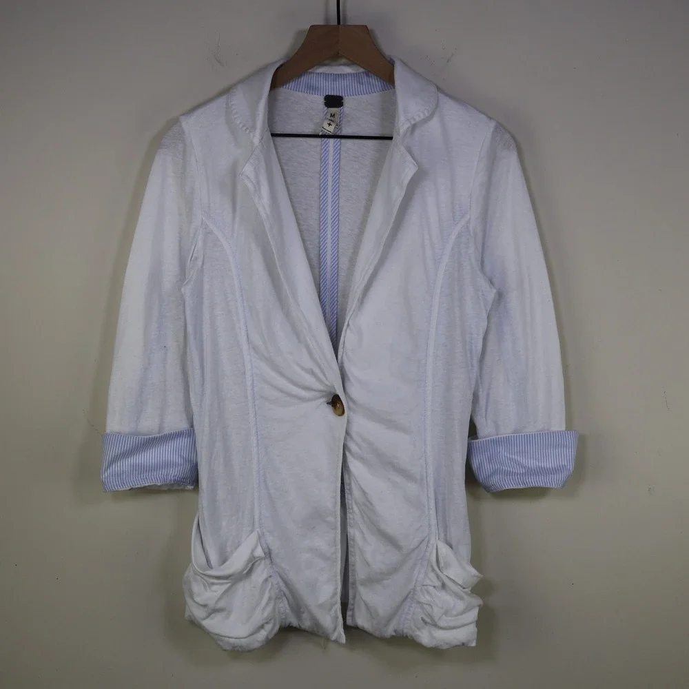Free People‎ We The Free Blazer Size Medium Coastal Ruched Pocket White Linen